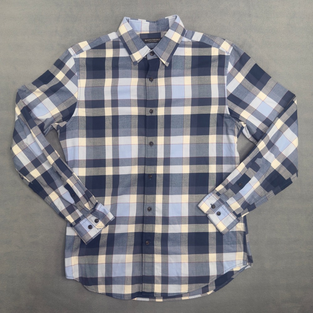 Banana Republic Mens Luxe Flannel Grant Fit Blue Buffalo Plaid‎ Shirt M